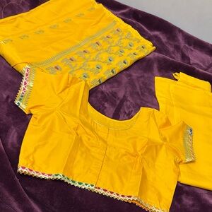 Saree Bright Yellow Embroidered Indian Blouse and Fabric Set